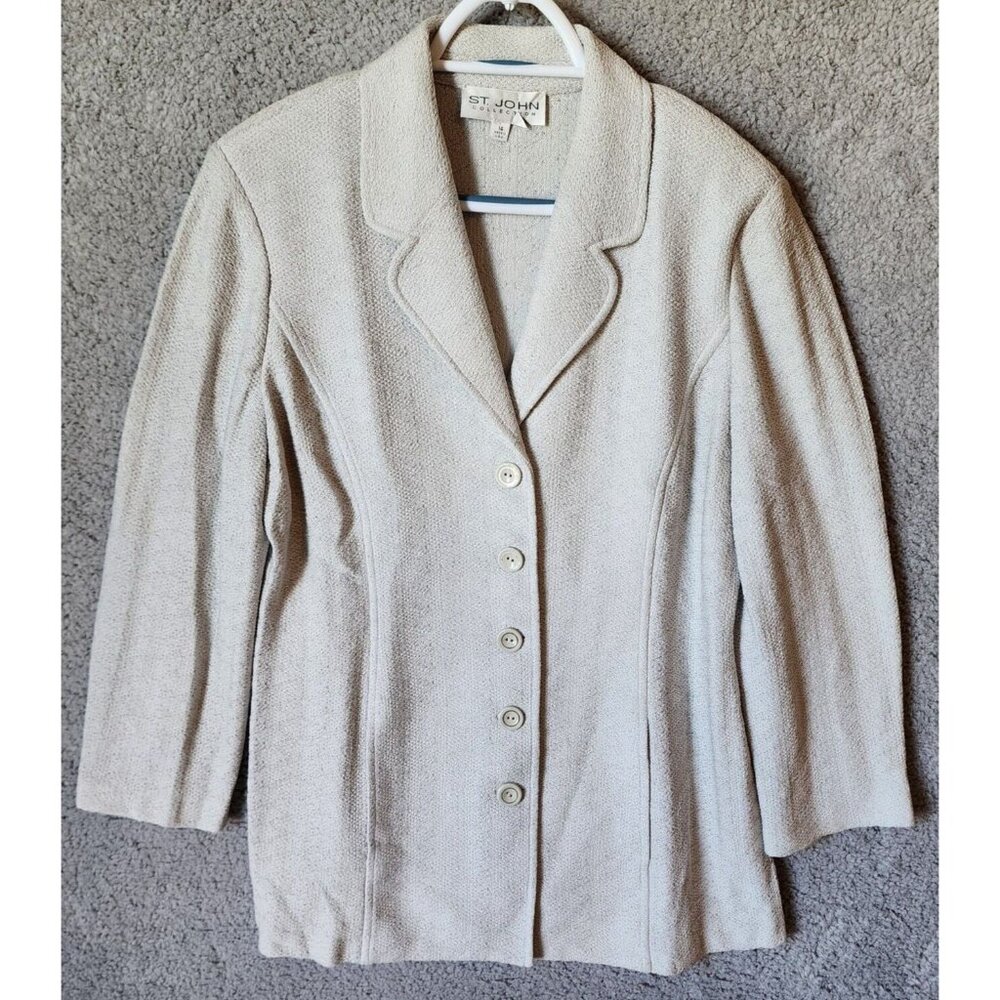 St. John Collection Women's 5 Button Front Knit Blazer Jacket Light Gray Size 14